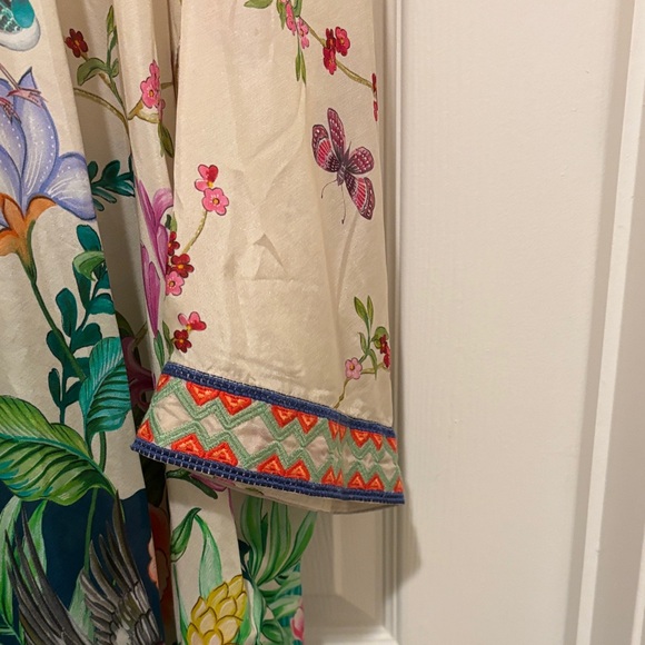 Johnny Was Cream Floral Silk Kimono Cape with Green & Pink Accents - Picture 7 of 11